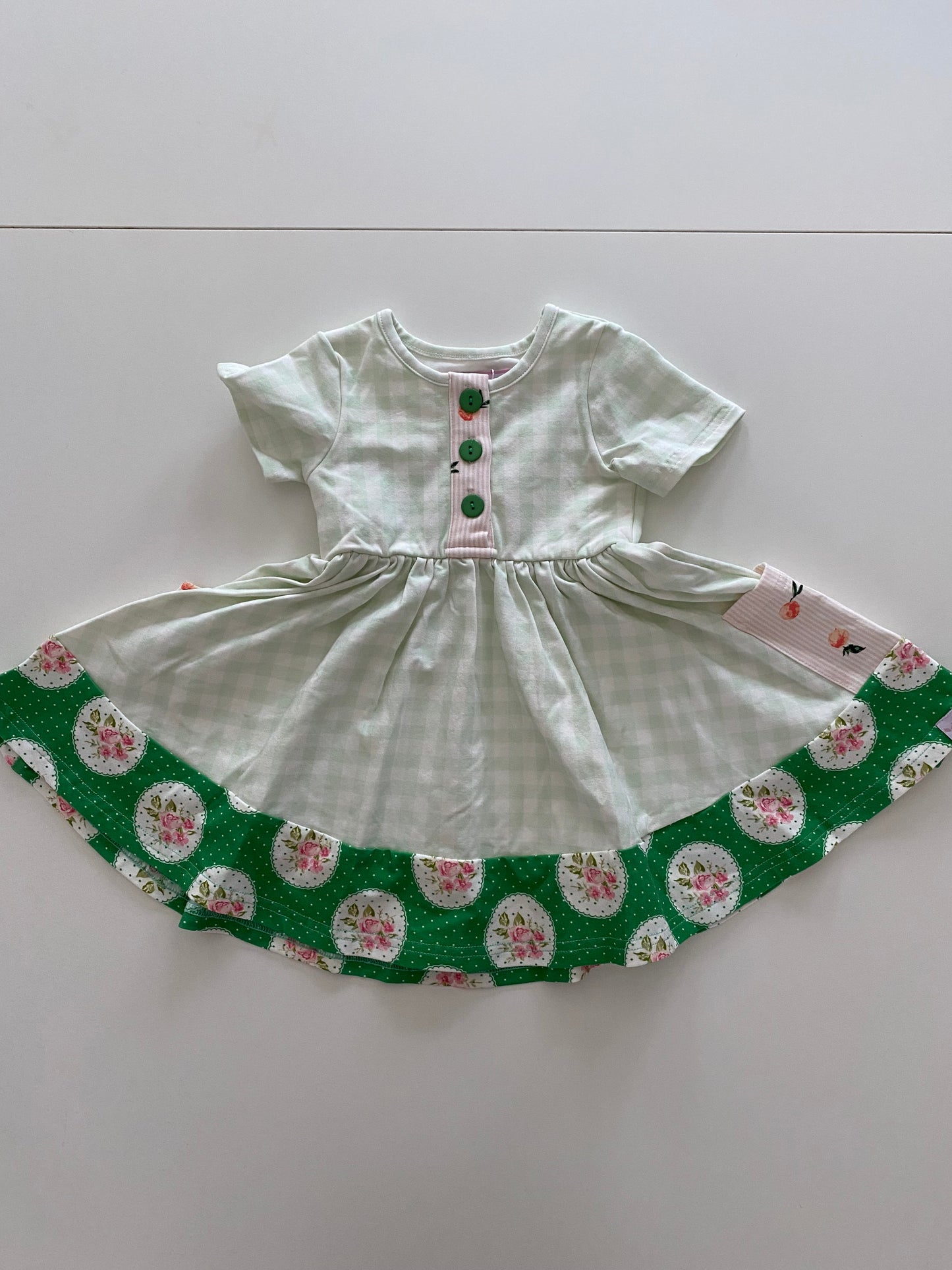 SweetHoney Green Gingham and Peach Print Dress Girls 18M, New