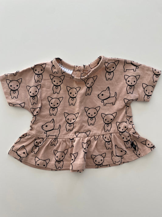 #117, Hux Baby tan puppy print peplum shirt, Girls 12M