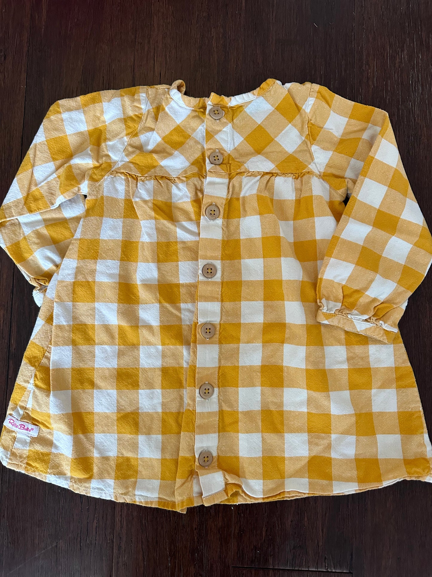 Seller 48, RuffleButts gold/white check empire waist dress, Girls 4t