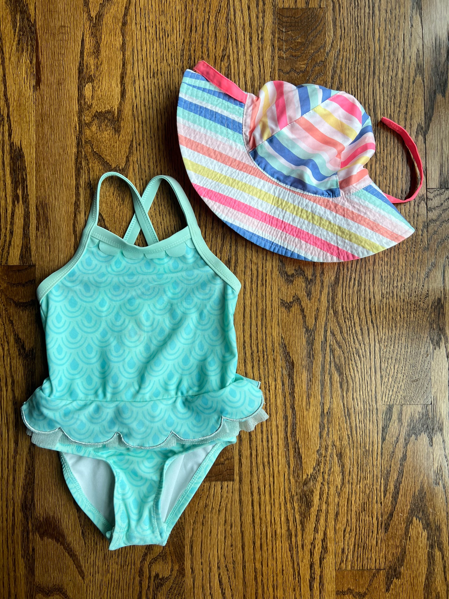Cat & Jack Baby Girl 18M Teal Swimsuit with Carters 12-24M Sun Hat (Rainbow Stripe)