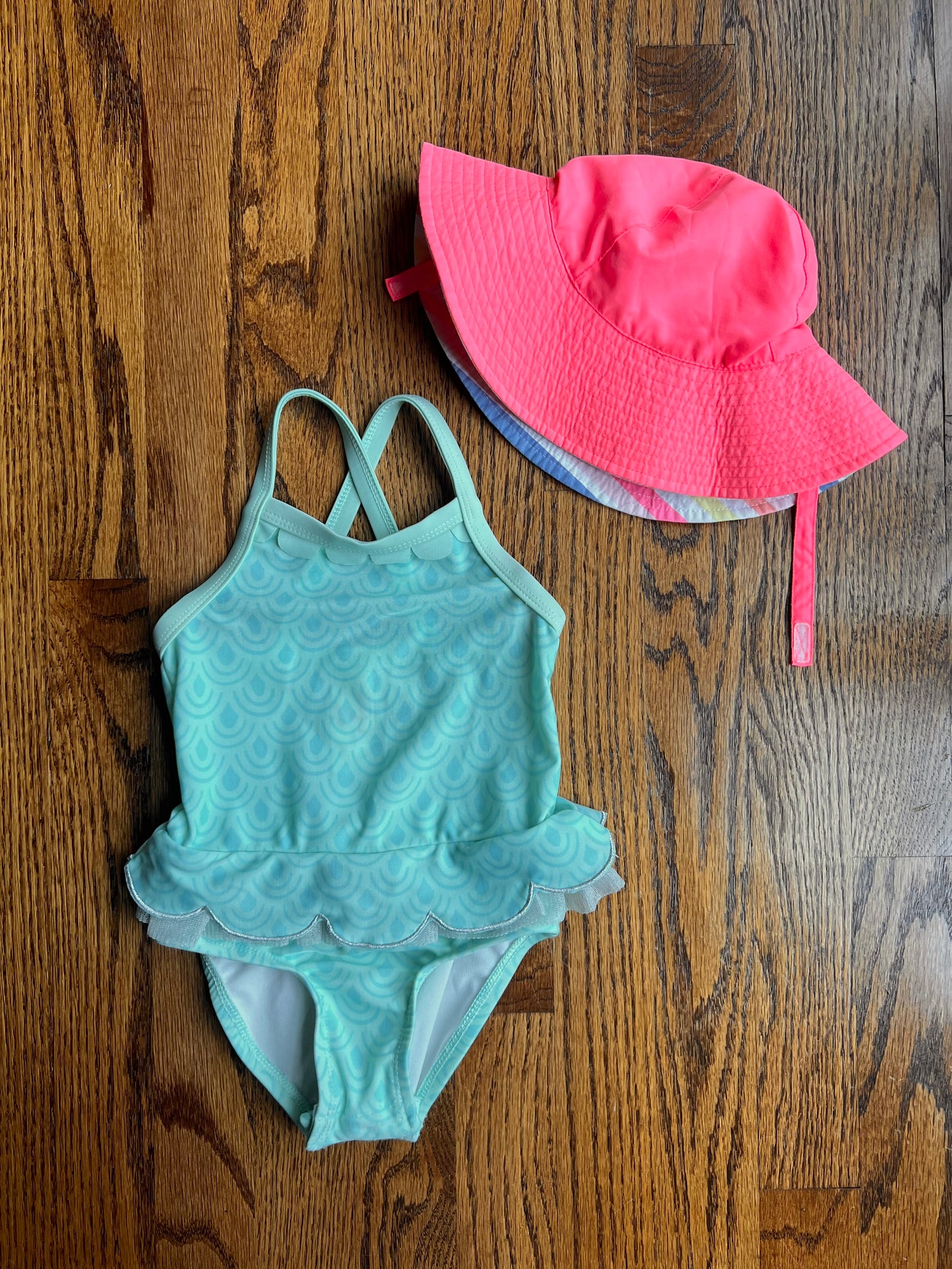 Cat & Jack Baby Girl 18M Teal Swimsuit with Carters 12-24M Sun Hat (Rainbow Stripe)