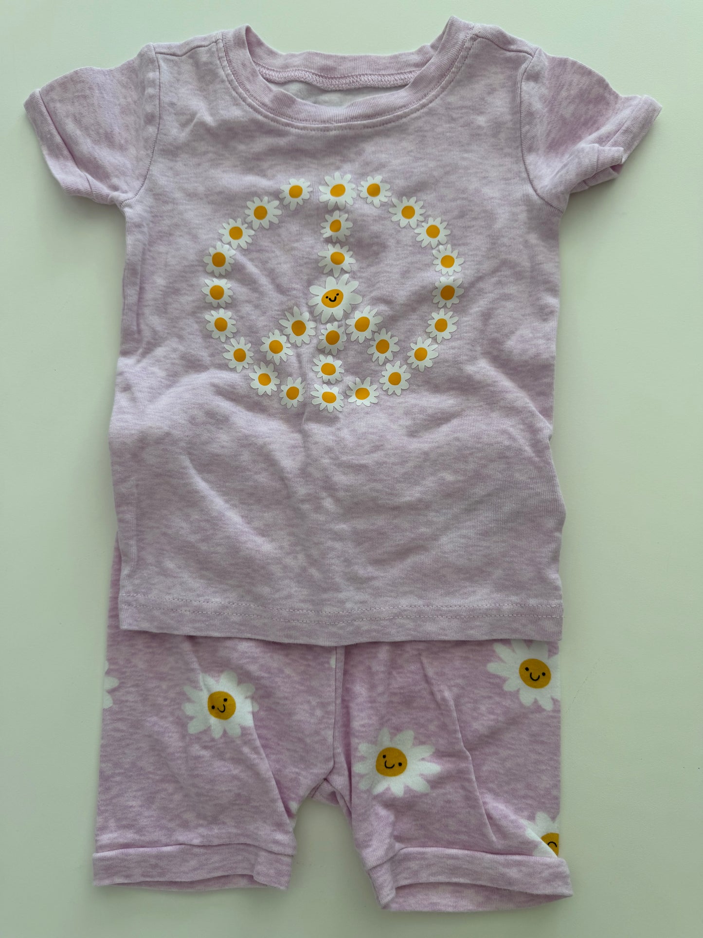 #117, Girls 2T, Old Navy purple flower peace sign & pink bunny print pajamas, VGUC