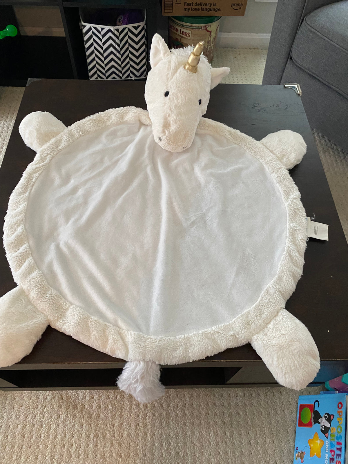 #117, Pottery Barn Kids white unicorn baby mat, VGUC