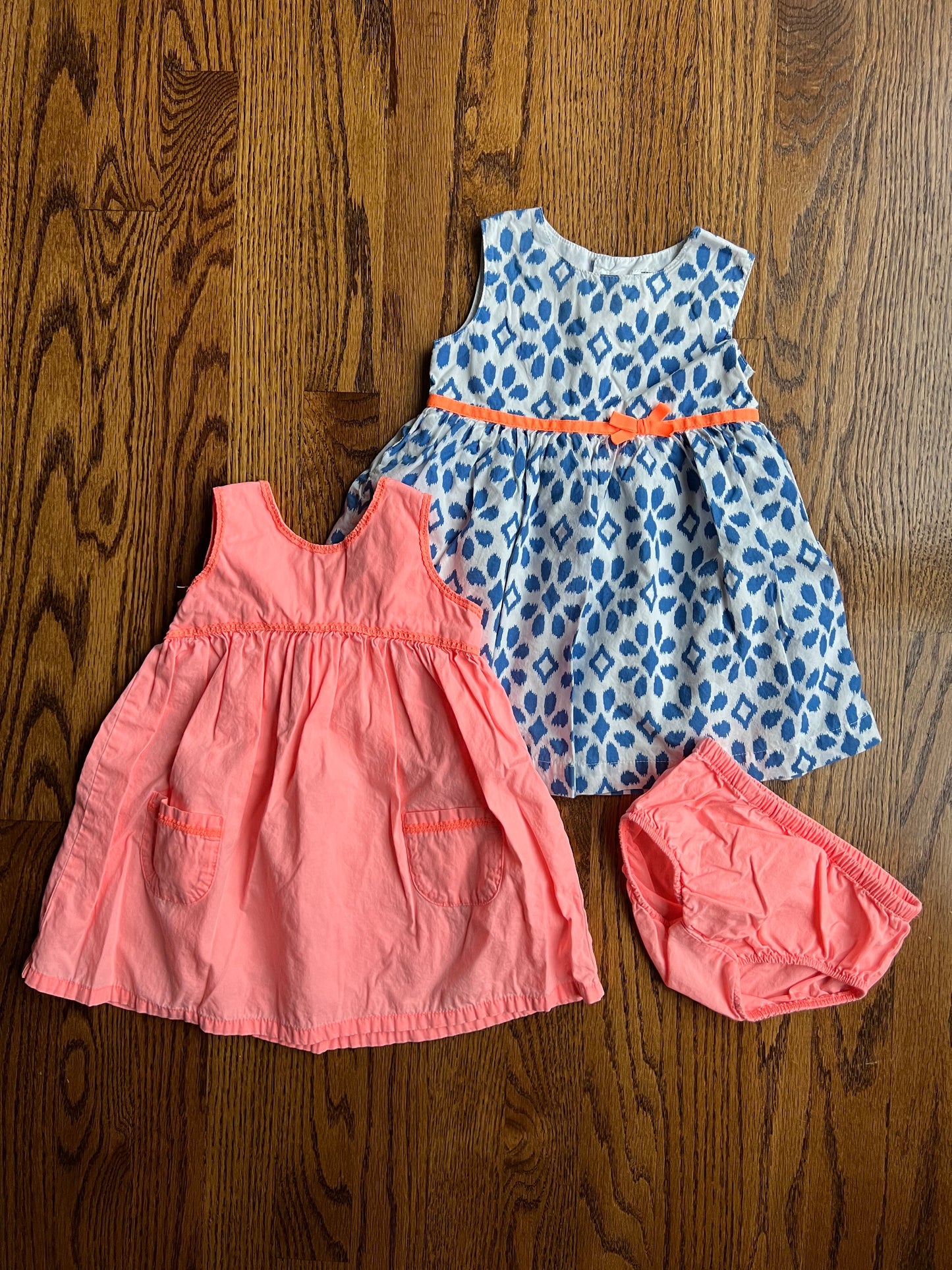 Carters Baby Girl 12M Sun Dresses, Set of 2 (Pink, Blue, White)