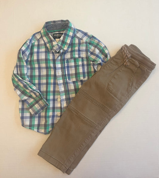 VGUC Oshkosh button down teal and blue and VGUC elastic waist jumping beans khakis. Size 2T. PPU Mariemont