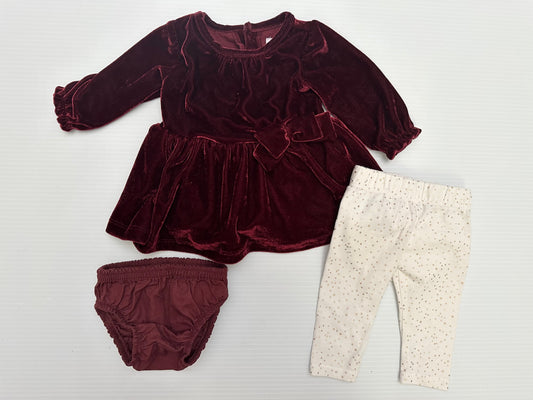 Seller #168 Just One You Girls NB Maroon Velour Dress + Gold Bow Leggings