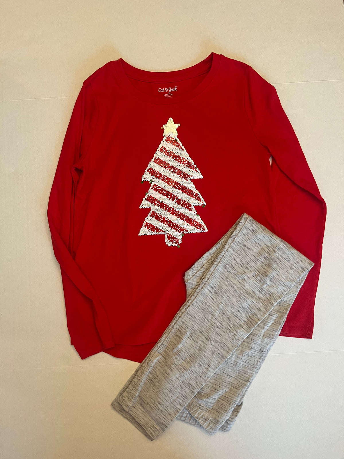 Seller 118 VGUC Girls Cat and Jack Christmas tree sequin shirt and Heather gray leggings size 10/12