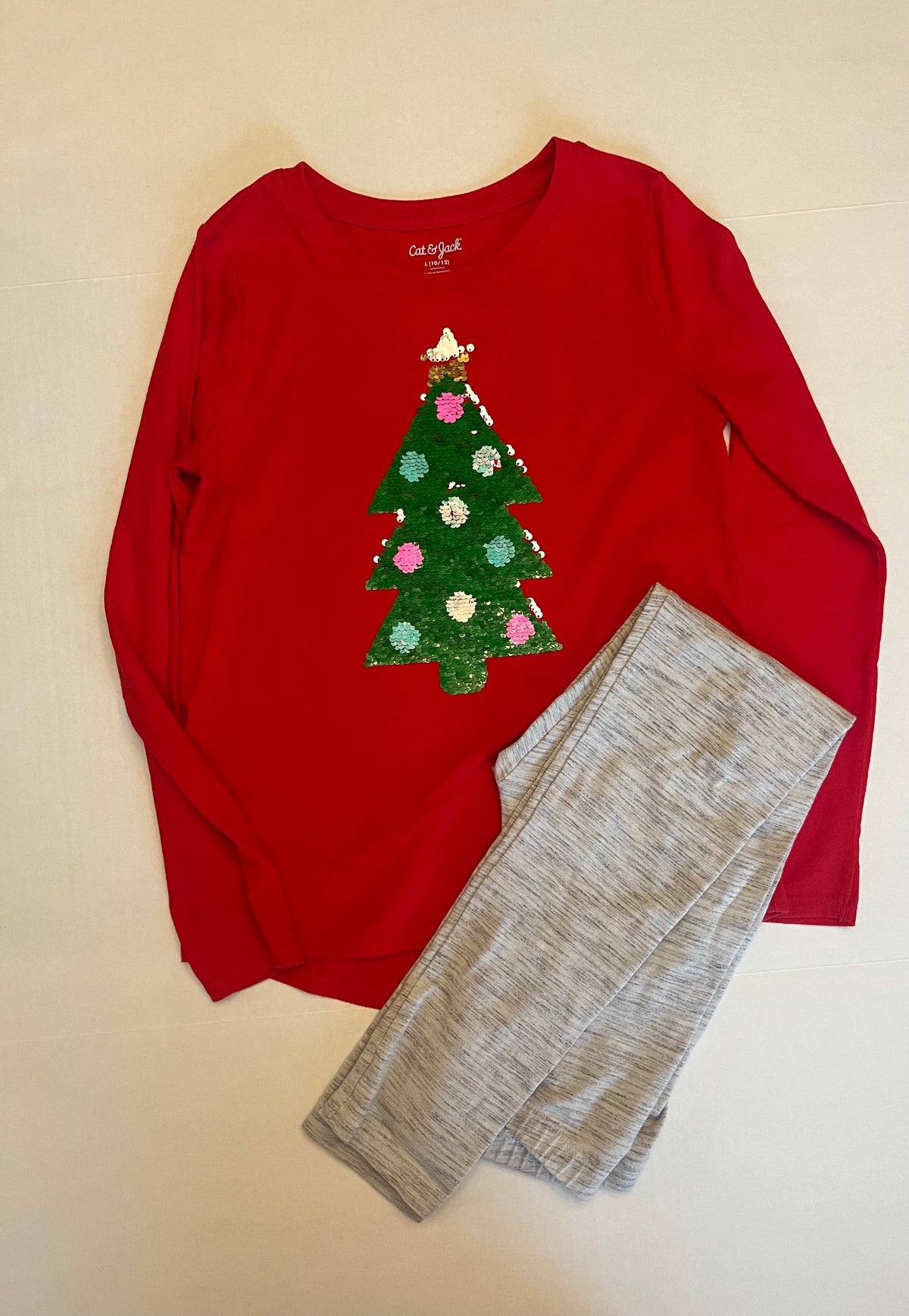 Seller 118 VGUC Girls Cat and Jack Christmas tree sequin shirt and Heather gray leggings size 10/12