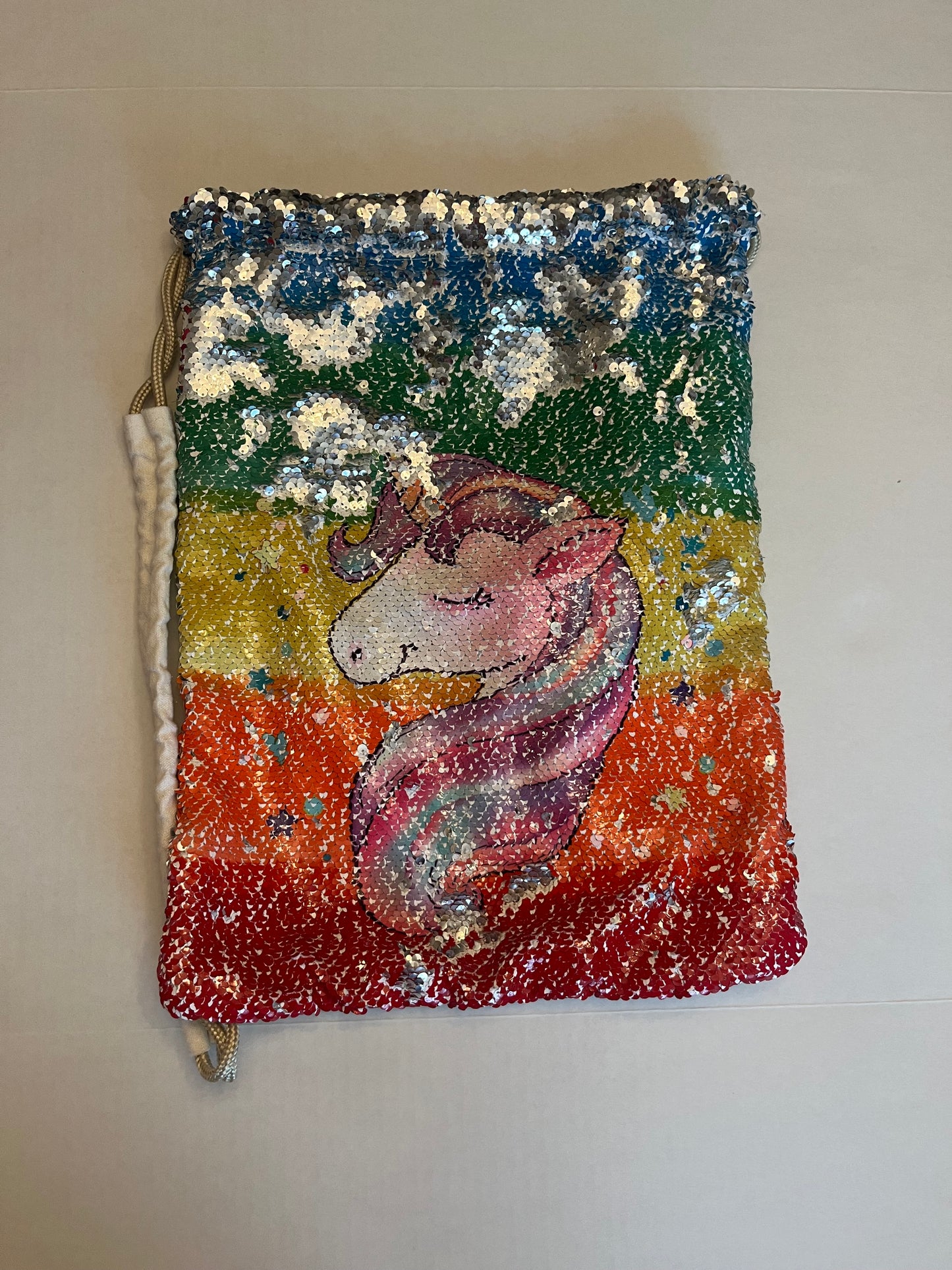 GUC flip sequin canvas drawstring bag. Unicorn/silver sides. PPU Mariemont