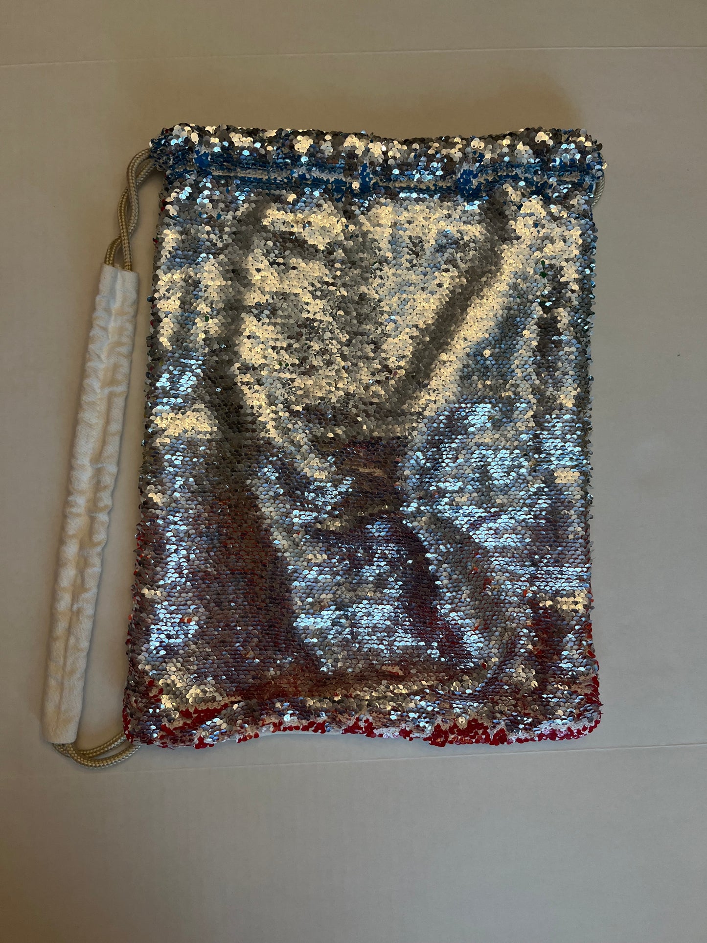 GUC flip sequin canvas drawstring bag. Unicorn/silver sides. PPU Mariemont