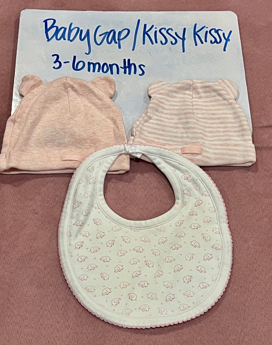 3-6 month Baby Gap and Kissy Kissy infant hats and bib (3 pieces)