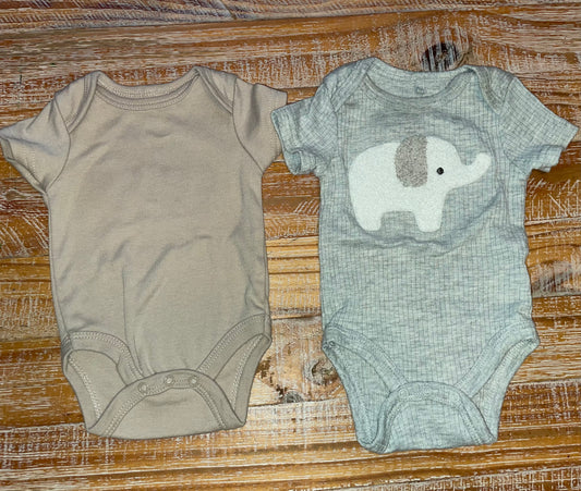 Seller #3 Dreamgro Gender Neutral Onesies 0-3 mos tan and gray with elephant (two)