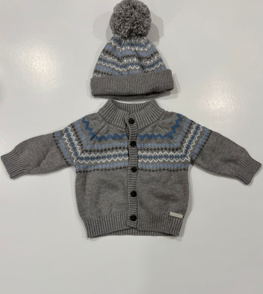 #38 Janie and Jack 0-3 Months Boys Fair Isle Cardigan and Hat Gray and Blue