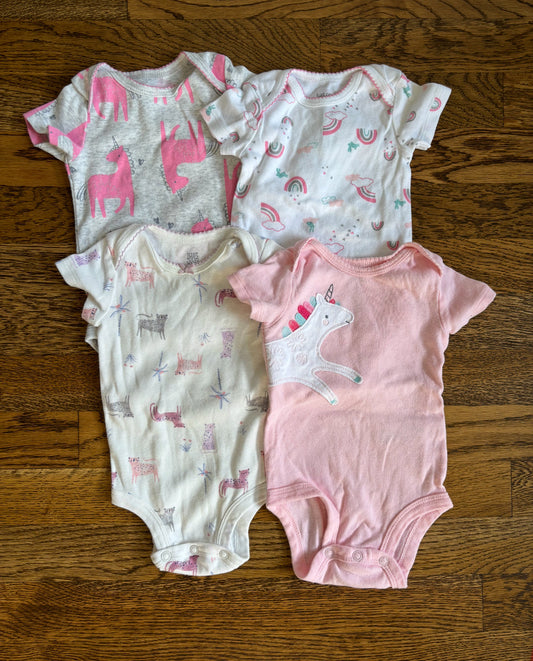 Seller #195 - *REDUCED* Bundle of 4 Carter’s Baby Girl Unicorn Themed Short Sleeved Onesies - Size 3 Months