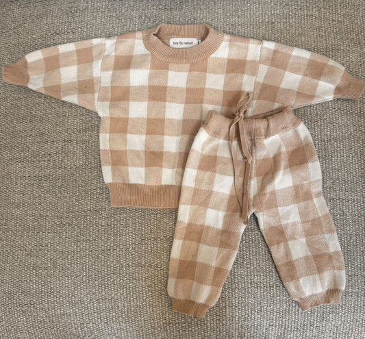 Tiny By Nature 3-6 month gingham neutral knit baby set VGUC