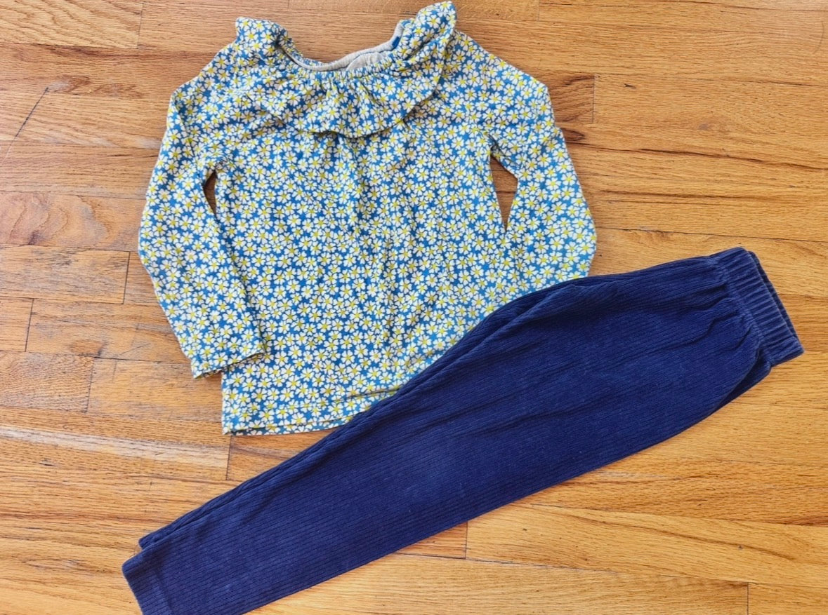 #104 Girl Bundle: 6/7 Mini Boden floral top, 6/7 Hanna Andersson navy velour corduroy legging