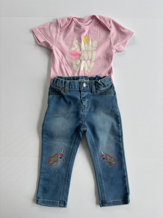 #101 *REDUCED* Old Navy Smile Floral Onesie Unicorn Jeans Outfit Girls Size 18-24 months