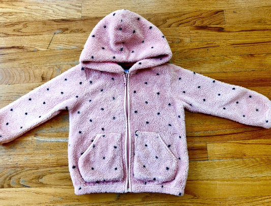 #104 Hanna Andersson 110/5 girl fleece jacket, pink w/black dots, name on tag
