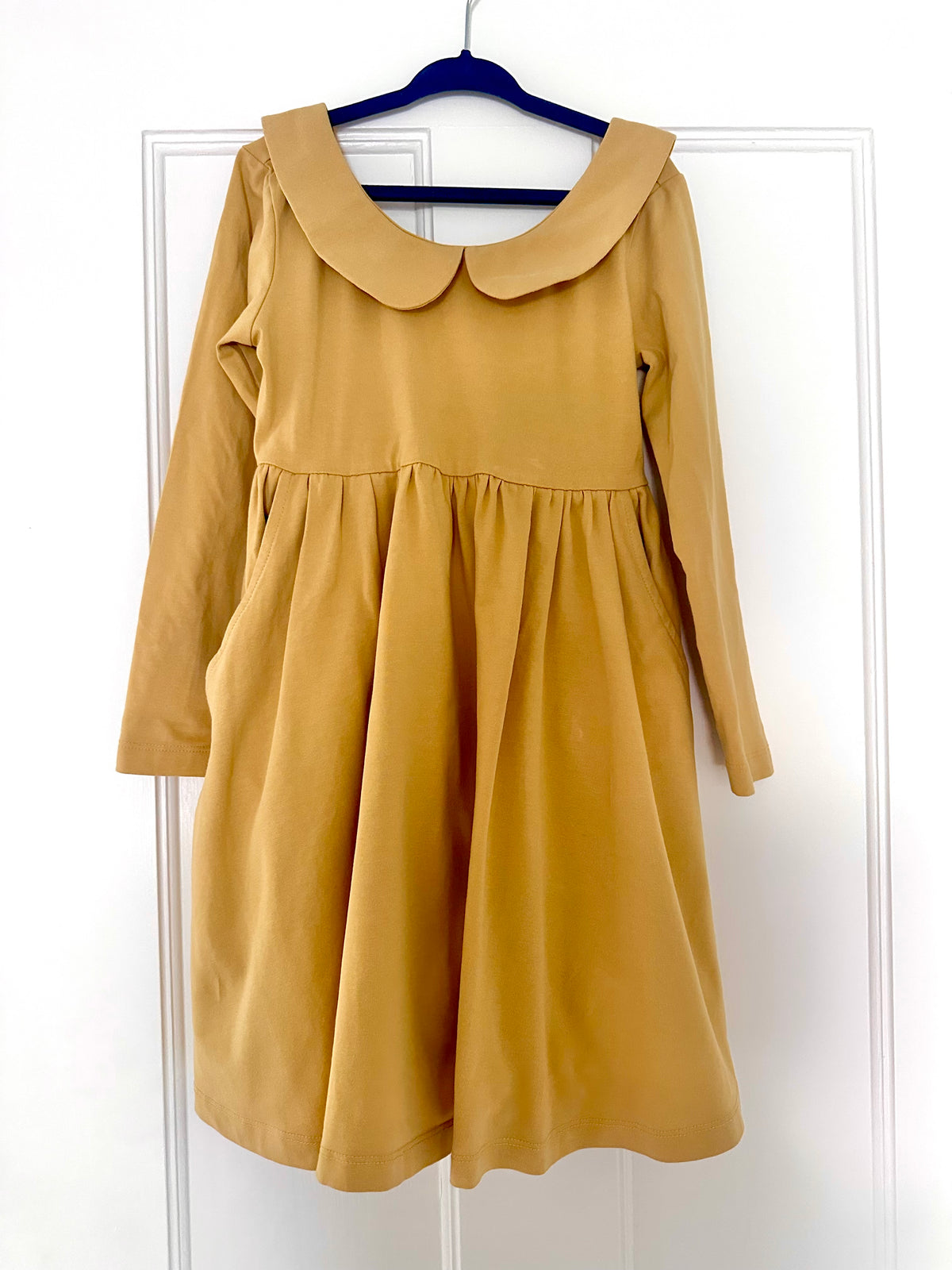 #104 Hanna Andersson size 110/5 mustard yellow collard skater dress with pockets