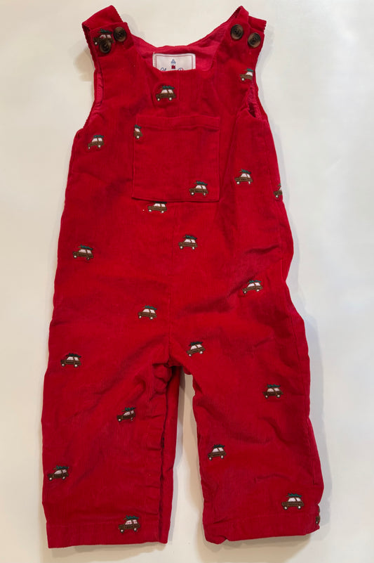 #38 Classic Prep 12-18 Months Corduroy Red Holiday Overalls with Car and Christmas Tree