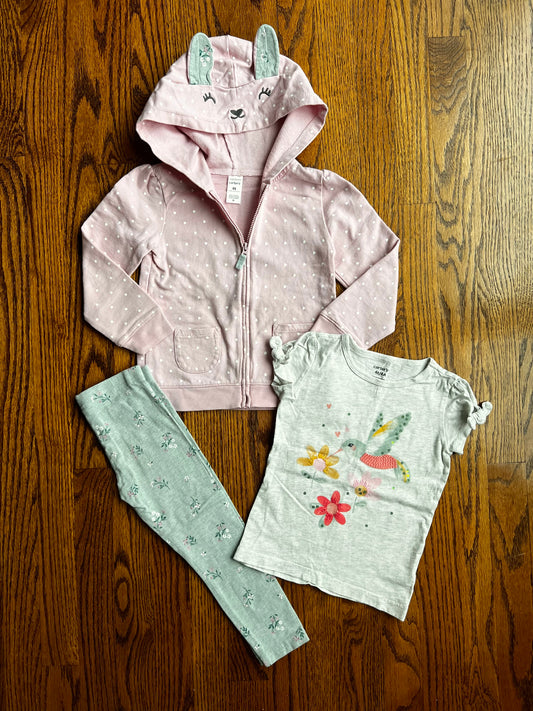Seller #115 - Carter’s Girls 4T Spring Outfit (Zip Up Sweatshirt, Hummingbird Tee, Floral Leggings), VGUC