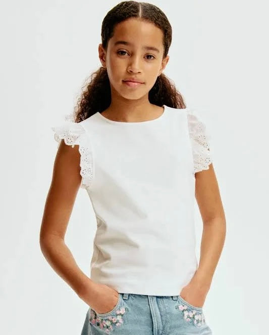 H&M girls white eyelet flutter sleeve top, size 6-7