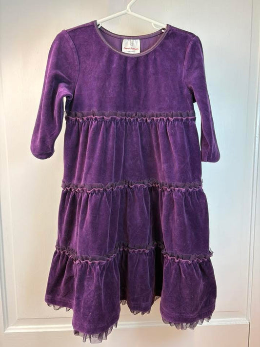 Seller 189 Girls Size 5 Hanna Andersson Purple Velour Tiered Dress w/ Tulle EUC