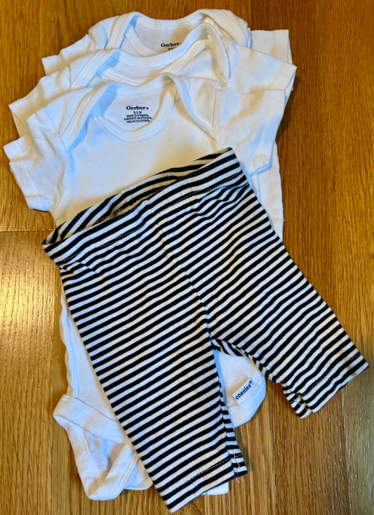 Seller #64 Gerber 0-3M White Short Sleeve Onesies & Stripped Pants
