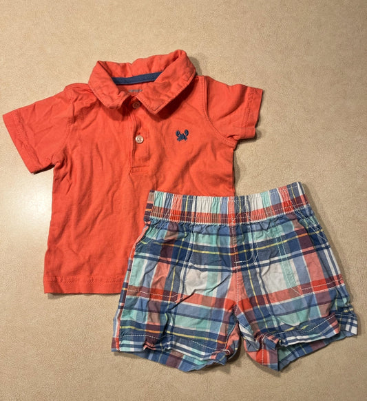 #143 Carter's crab polo and plaid shorts set Boys 9m - REDUCED