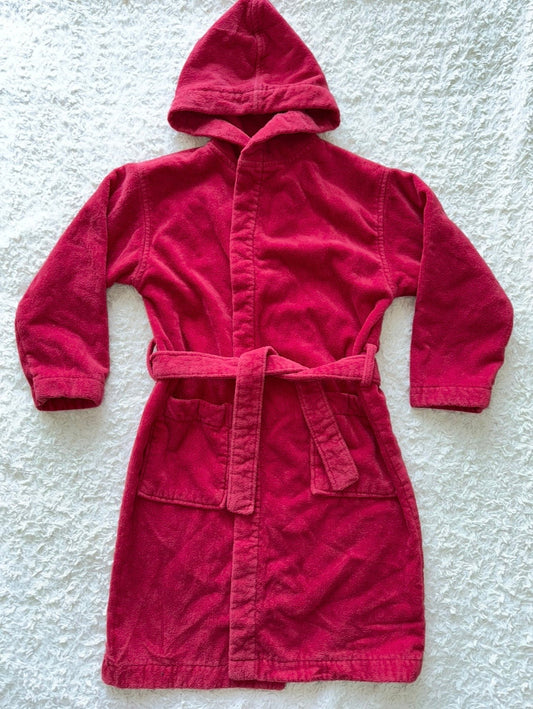 Seller 1A - Boys Red Velour Terry Hooded Robe - Size 10 - VGUC - mild fading throughout