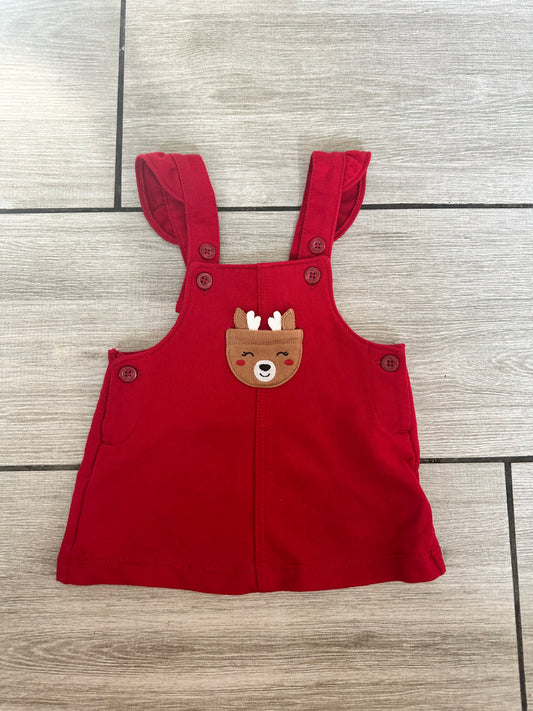 #111 Carters Reindeer Red Overall Dress 0-3 Month