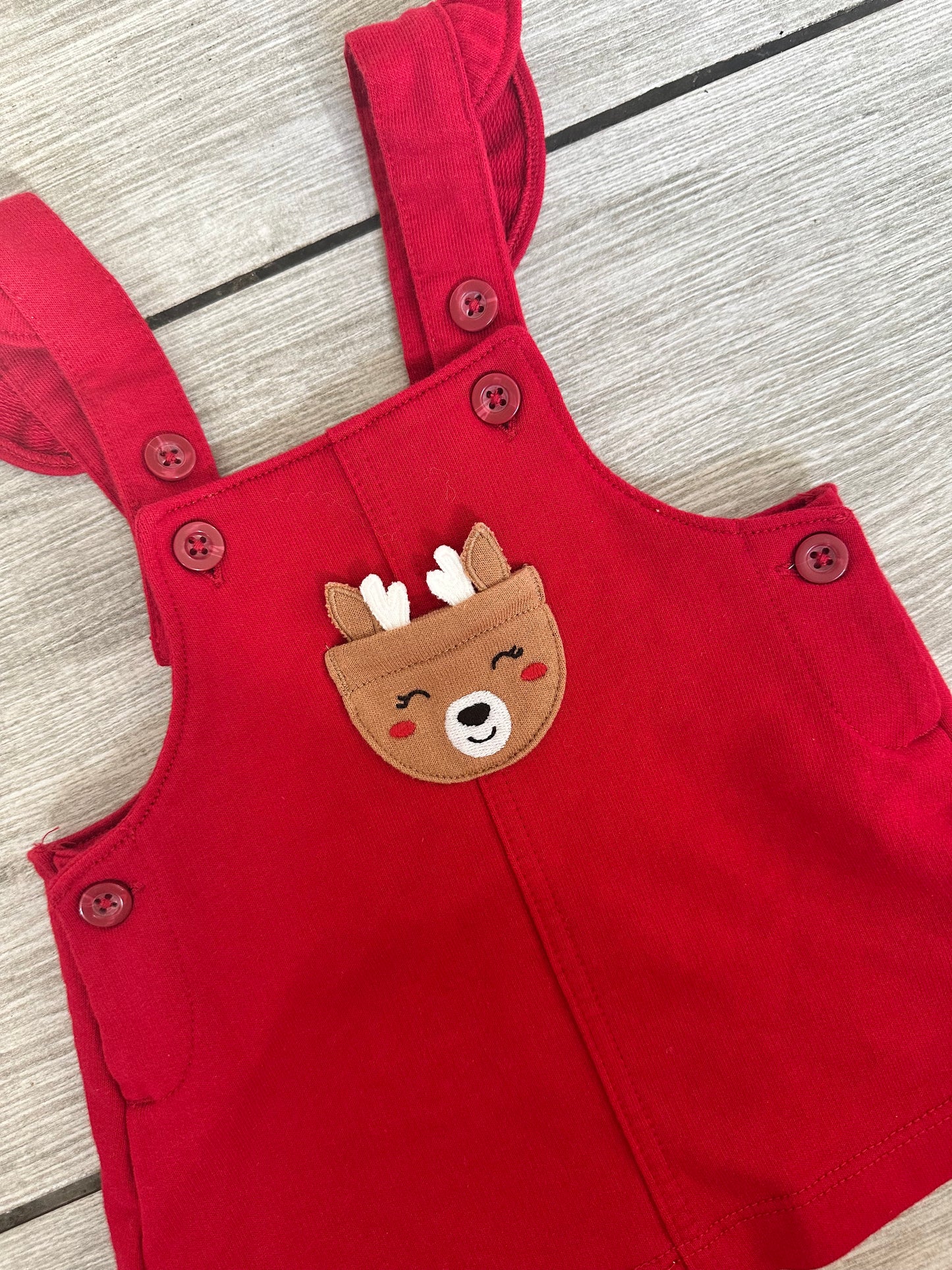 #111 Carters Reindeer Red Overall Dress 0-3 Month