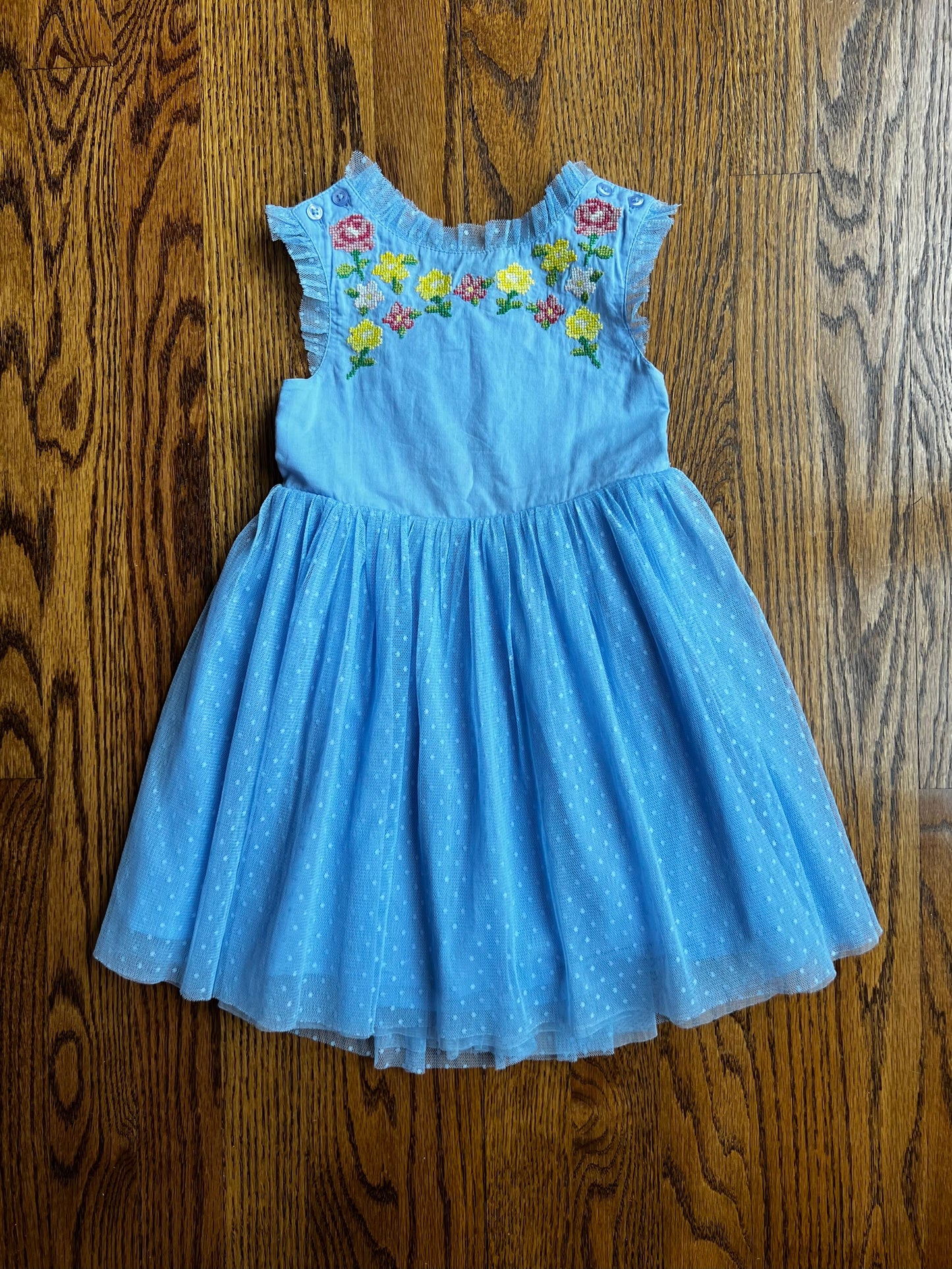 Seller #115 - REDUCED - Boden Girls 2-3Y Blue Tulle Crossback Dress with Floral Embroidery, VGUC