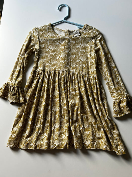 #98A - 3T Girls Kate Quinn Gold Pinecone Bamboo Dress VGUC