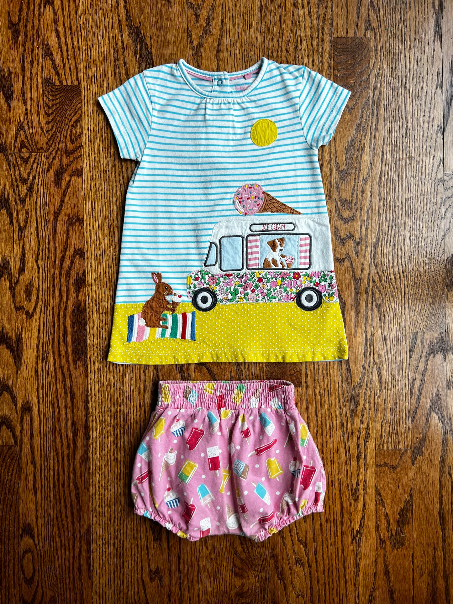 Seller #115 - Boden Girls 2-3Y Blue/White Striped Ice Cream Tunic Dress with Pink Ice Cream Bloomers, VGUC