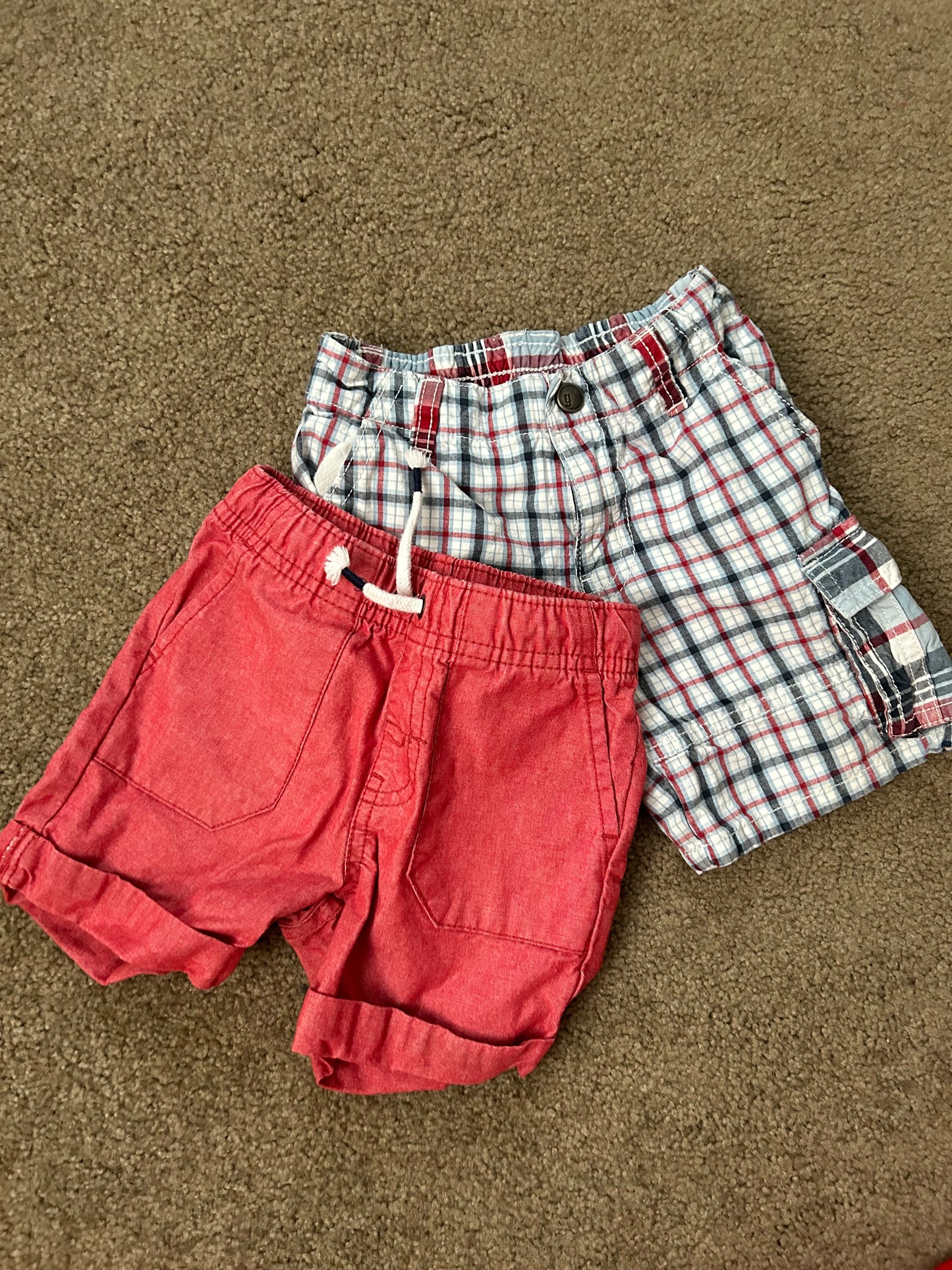 Boys Shorts -2 pair - Red (Cat and Jack) Navy/Red Plaid (Gymboree) 12-18 months