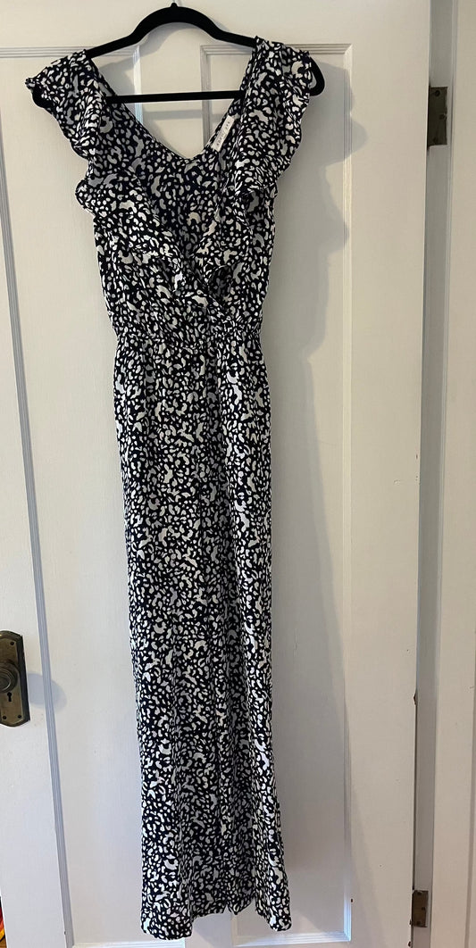 #109 Socialite Jumpsuit Navy Blue/White with Ruffle collar- Size XS