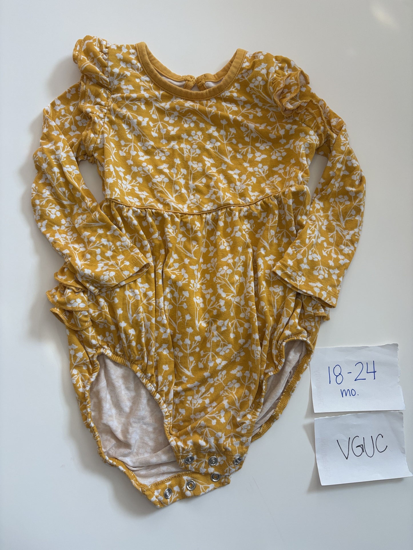 #138 - 18-24 Mo - VGUC Little Sleepies - Golden Yellow with white flowers Bubble Romper - PU 45236