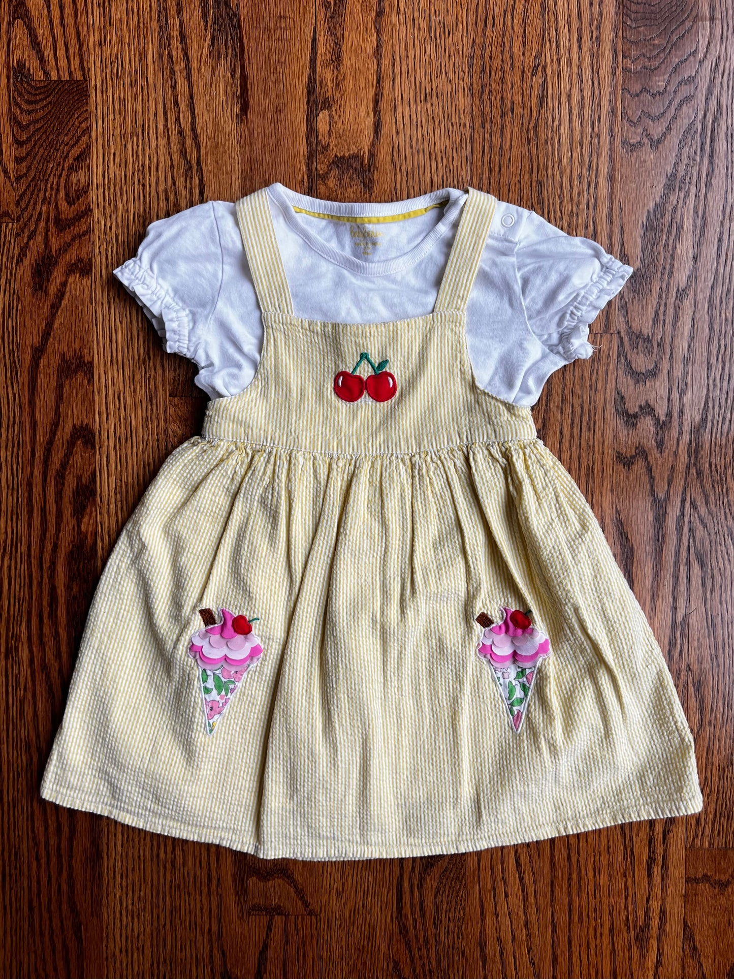 Seller #115 - Boden Girls 2-3Y Yellow & White Seersucker Cherry / Ice Cream Dress with White Shirt, VGUC