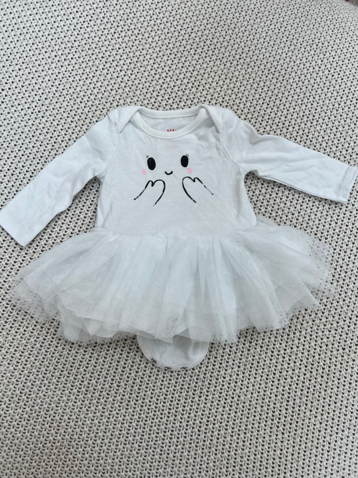 #157 EUC Cat and Jack Halloween Little Girl Ghost Dress Onesie, 0-3M