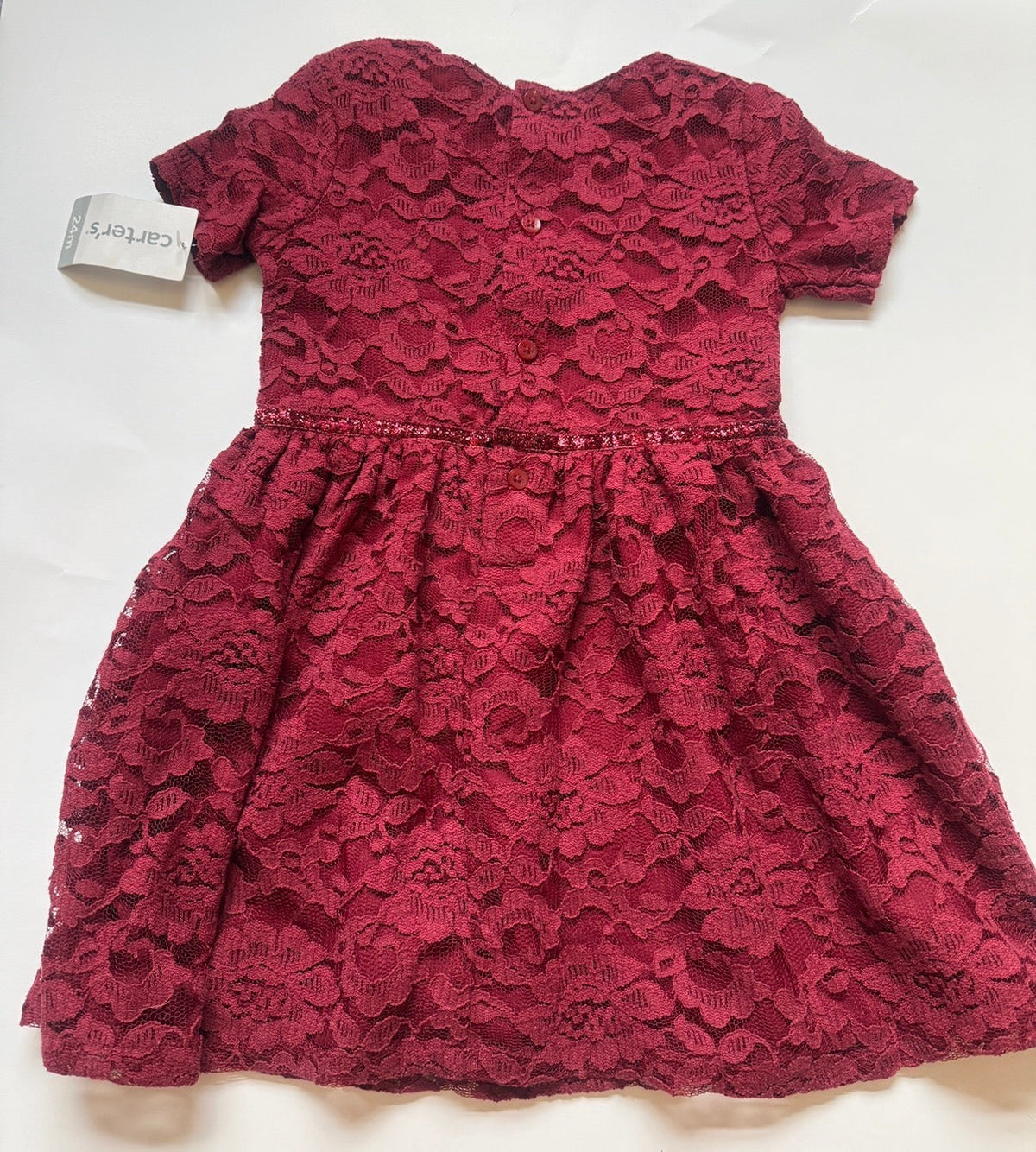 #170 Carters burgundy lace dress with glitter bow girls 24 months