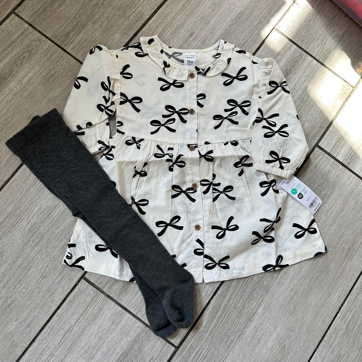 #111 Carters Bow Print Dress with Tights 18 Months NWT