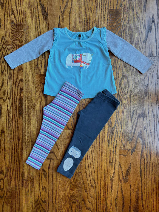Tea Collection Baby Girl 24M Bundle, Top & 2 Pairs of Leggings (Navy Owl & Stripes)