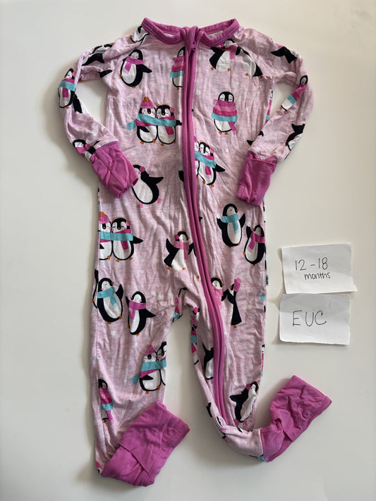 #138 - 12-18 Mo - VGUC Little Sleepies - Pink Skating Penguins with Red Cuffs Zippy - PU 45236