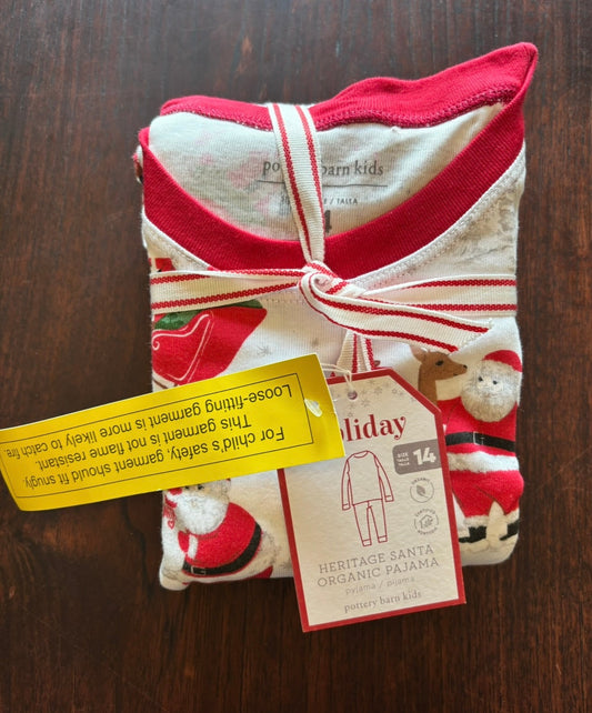 #156 reduced! NWT Pottery Barn Santa Christmas PJ Pajama set size 14 Neutral