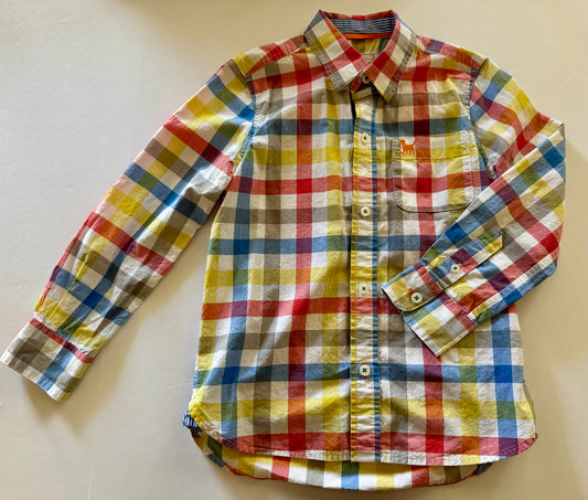 #92 boys 5/6 mini Boden red yellow blue button up long sleeve
