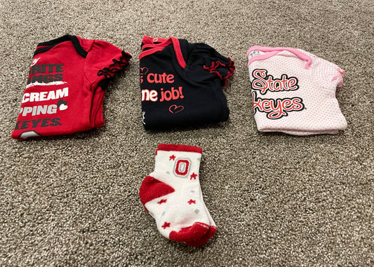 Seller 10- 6-9 month Ohio State short sleep onsies and socks