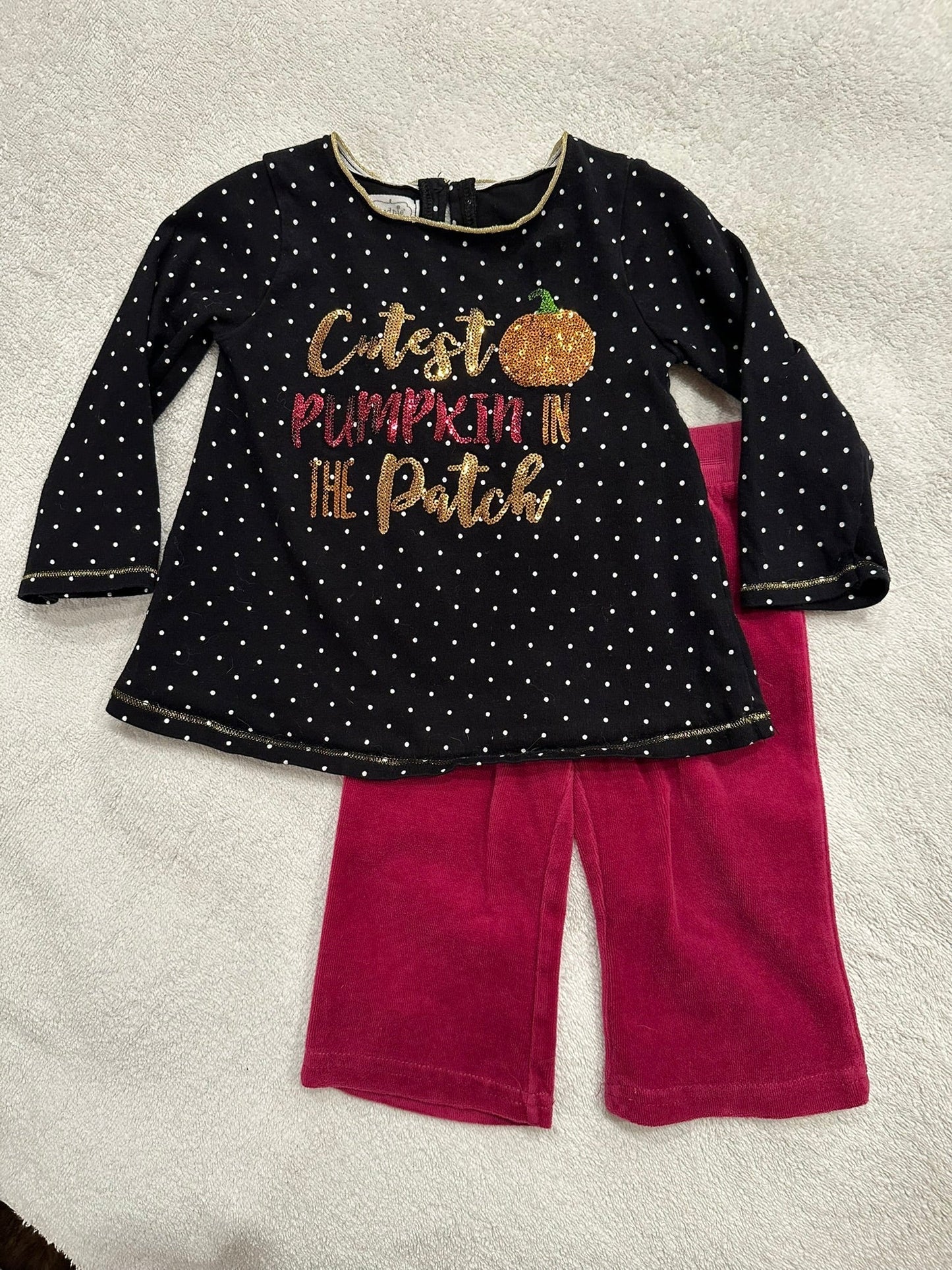 #85 REDUCED Mudpie Cutest Pumpkin in the Patch Sequin Shirt + Velvet Pants, Infant Girls 12-18m