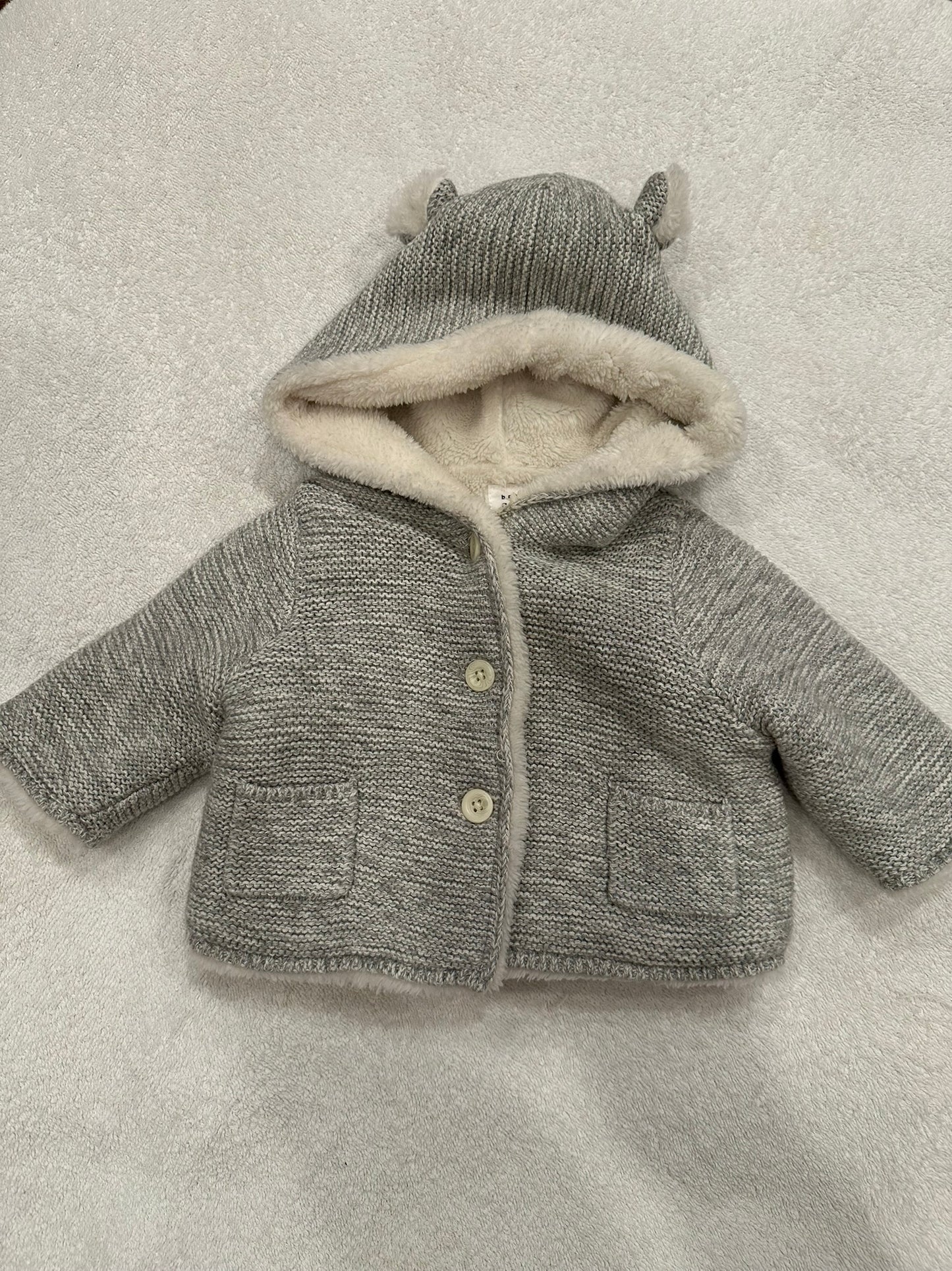 #85 Baby Gap Grey Knitted Sweater Coat fully Lined w/ Bear Ears, Infant girls 0-3m
