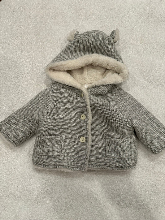 #85 Baby Gap Grey Knitted Sweater Coat fully Lined w/ Bear Ears, Infant girls 0-3m